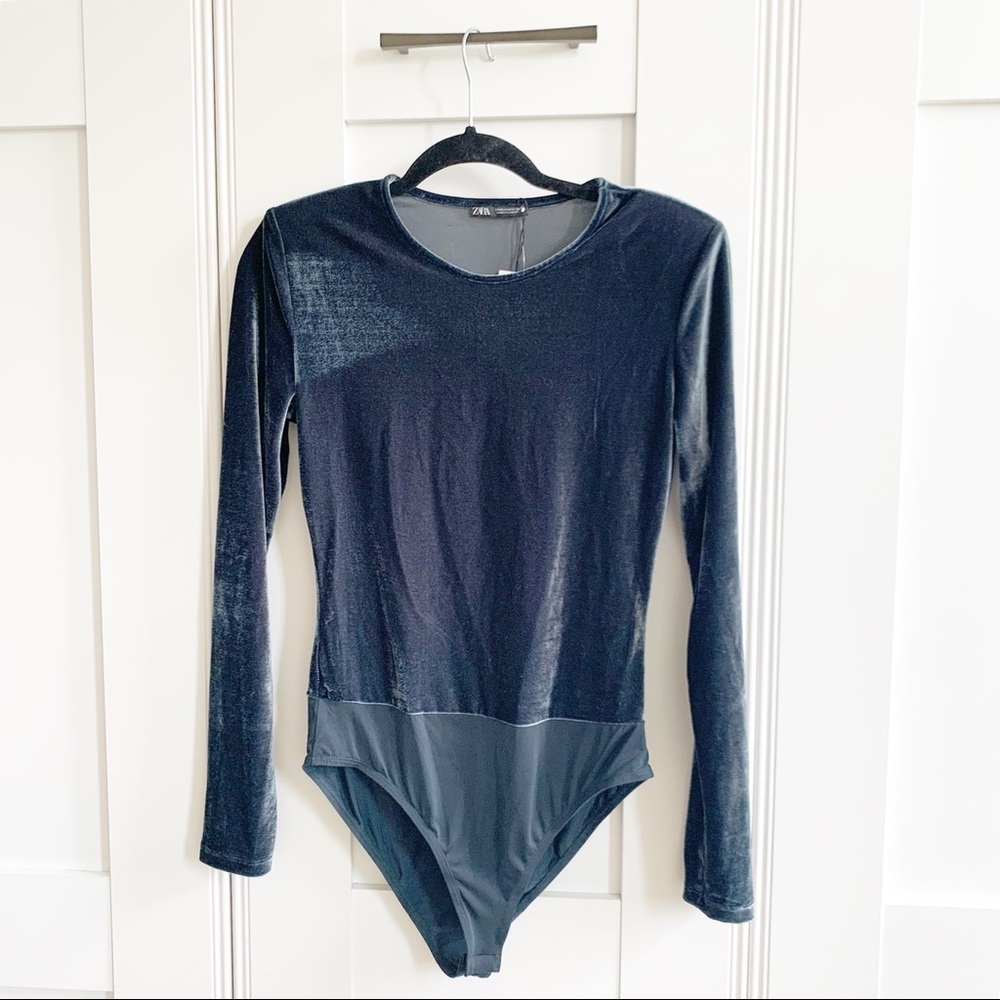 Zara Blue Velvet Long Sleeve Bodysuit NWT